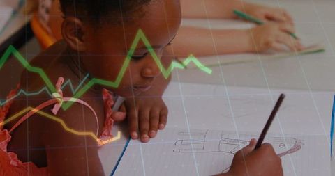 Young Student Engaged in Creative Drawing with Futuristic Graph Overlay