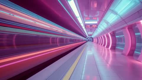 Neon-Lit Futuristic Subway Tunnel Escalator in Motion