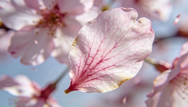 Glowing blush cherry petal with magenta veins macro closeup, translucent spring detail