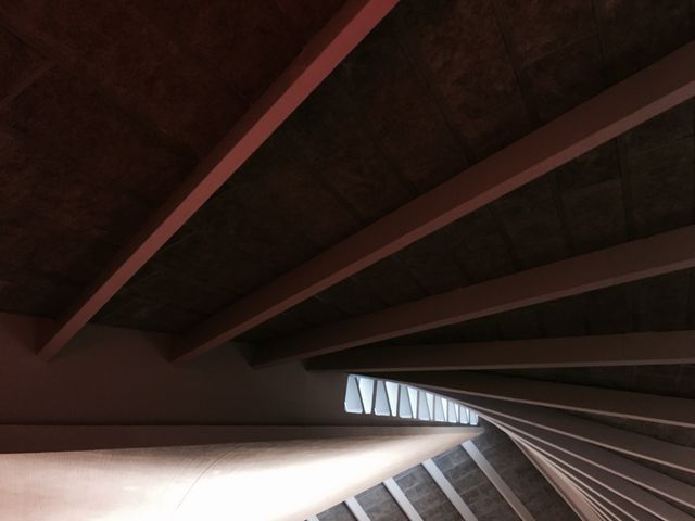 This photo captures a close-up abstract view of a modern architectural ceiling characterized by geometric lines and roof beams. The symmetry and minimalistic design emphasize contemporary architecture and offer a dramatic visual appeal. Ideal for use in design magazines, architecture blogs, modern home decor websites, and educational materials related to architecture and design.