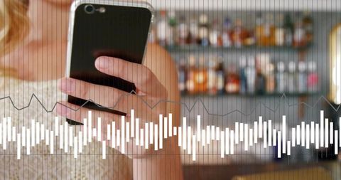 Woman Checking Smartphone at Trendy Bar with Audio Overlay