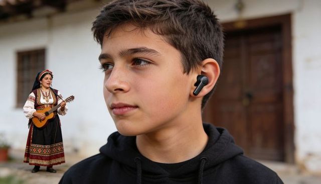 Teen listening with wireless earbuds while folk musician performs in village courtyard