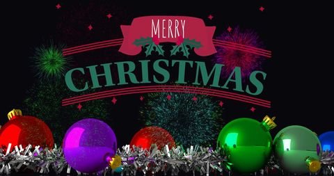 Festive merry christmas greeting with colorful fireworks and baubles