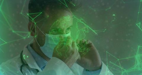 Medical Professional Securing Mask with Global Tech Overlay