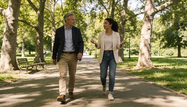 Business colleagues walking and talking in sunlit city park under leafy trees, casual