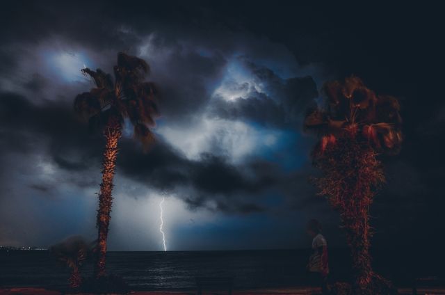 Dramatic Night Thunderstorm with Lightning Over Ocean - Download Free Stock Photos Pikwizard.com