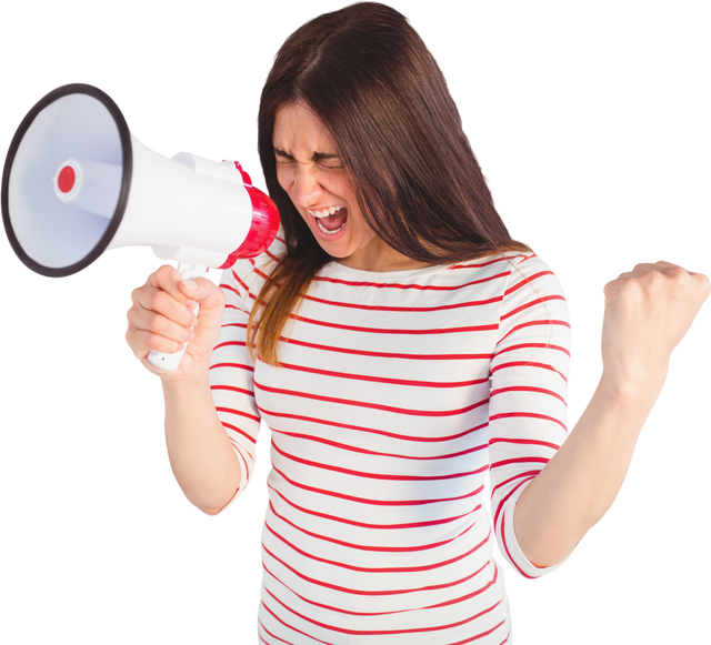 Transparent Excited Young Woman Shouting with Megaphone in Striped Shirt - Download Free Stock Videos Pikwizard.com