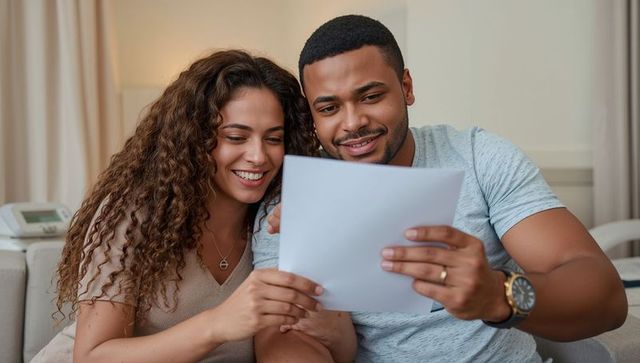Happy couple reading important document together on cozy living room couch