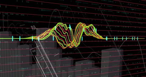 Futuristic 3D Finance Dashboard with Neon Waveform and Candlesticks