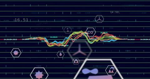 Neon Waveform Analytics Dashboard with Hexagon Icon Badges, Futuristic Data Visualization