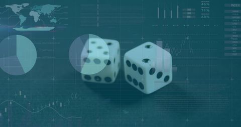 Financial analytics with dice illustrating risk and probability