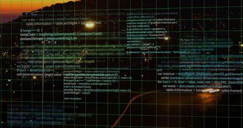 Digital grid overlaying coastal twilight cityscape with code stream and reflective water