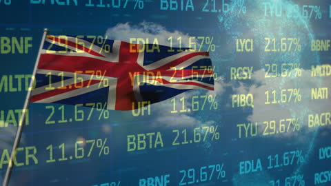 UK Flag Overlapping Stock Market Data with Global and Sky Background
