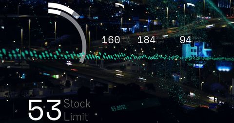 Digital interface overlay on urban night scene