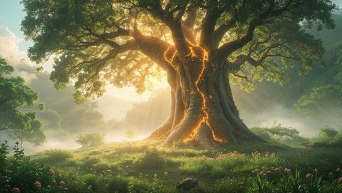 Ancient god tree illuminated with mystic energy at dawn
