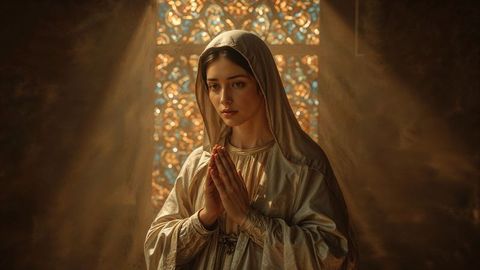 The virgin mary spiritual devotion in peaceful chapel light