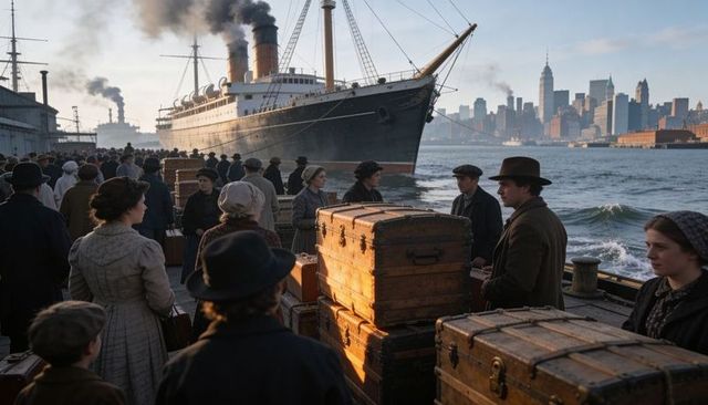 Boarding steamship at harbor pier, immigrant passage with stacked trunks early 20th century