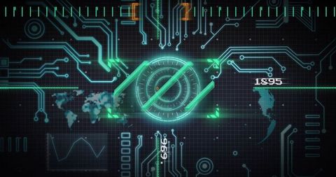 Central Neon HUD Displaying Rotating Radar Interface with Circuit Traces and World Map
