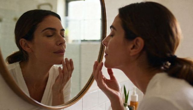 Woman applying skincare while checking reflection in round bathroom mirror