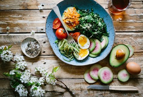 Spring avocado and soft-boiled egg bowl with zucchini noodles and watermelon radish