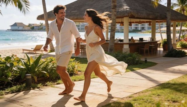 Sunlit tropical resort couple walking barefoot holding hands along oceanfront path