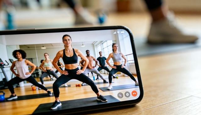 Virtual fitness class on smartphone showing instructor leading group workout in studio