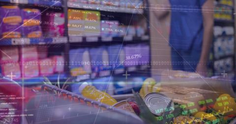 Grocery Shopping with Digital Overlays Showing Stock Market Trends