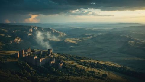 Majestic Medieval Castle Overlooked on Rolling Hills at Sunset
