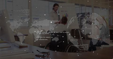 Diverse business meeting and world map overlay illustrating global collaboration