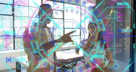 Colleagues Collaborating with Augmented Reality HUD on Glass Wall in Modern Office Interior