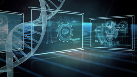 Digital DNA Helix with Futuristic Scientific Data Display