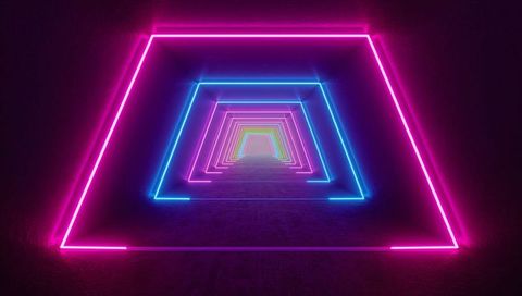 Neon tunnel receding to vanishing point with magenta cyan frames and reflective floor
