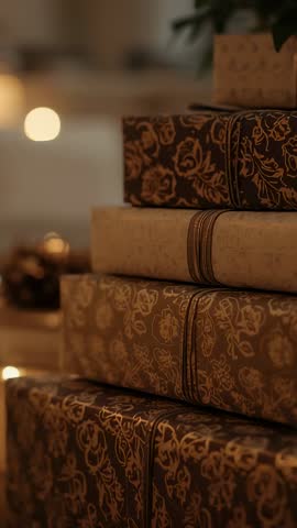 Tilting upward close-up on stacked holiday gift boxes with warm bokeh lights