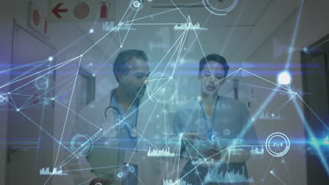Doctors Analyzing Data with Futuristic Interface in Hospital Corridor