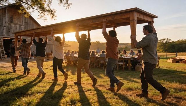 Carrying rustic wooden table across farm at sunset for communal outdoor feast