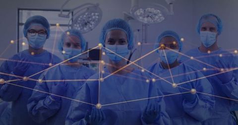 Medical Team in Scrubs with Digital Network Overlay