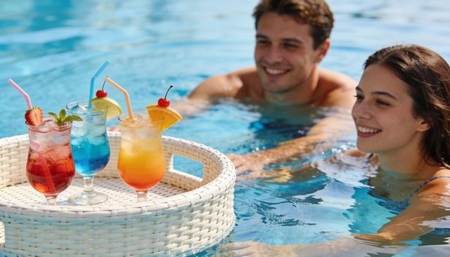 Couple enjoying poolside tropical cocktails on floating wicker tray at sunny resort