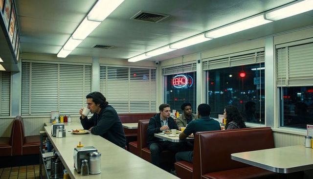 Drinking coffee at late-night diner, solitary man sitting at counter under neon sign