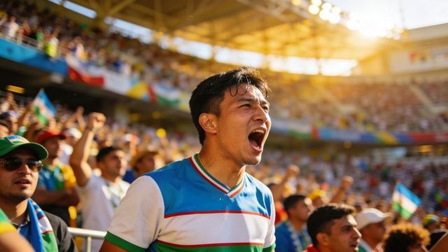 Passionate fan shouting and waving flag in sunlit stadium crowd, cheering during match