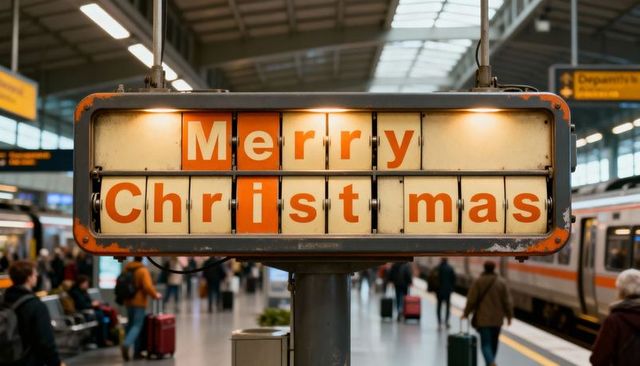 Vintage split-flap sign displaying merry christmas at busy station for holiday travel