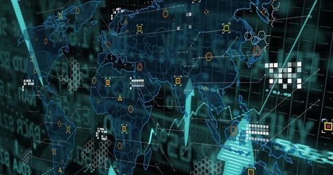 Futuristic World Map on Digital Grid Interface