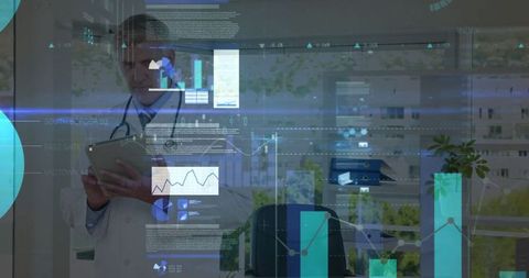 Doctor Analyzing Holographic Medical Interface in Modern Office