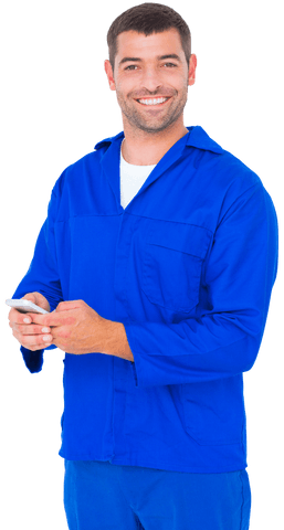 smiling mechanic in blue uniform with mobile phone on transparent background - Download Free Stock Videos Pikwizard.com
