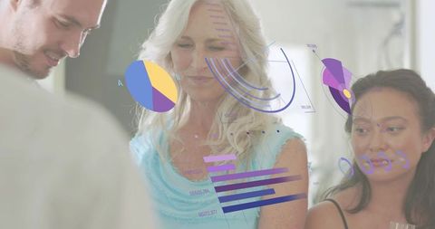 Senior matriarch studying projected data visualization with adult children at home