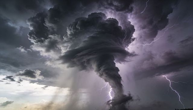 Supercell thunderstorm forming tornado funnel with dramatic lightning through storm clouds