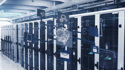 Digital Interface Overlay in High-Tech Server Room