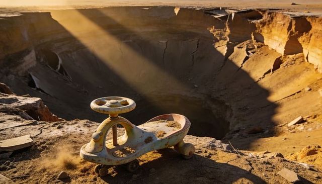 Abandoned dusty ride-on toy sitting on cracked sinkhole rim at golden hour desert wasteland