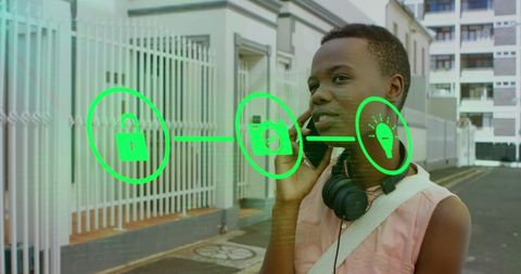 African American Woman Encounters Futuristic Flowchart Interface