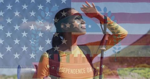 Patriotic hiking woman celebrating independence day outdoors