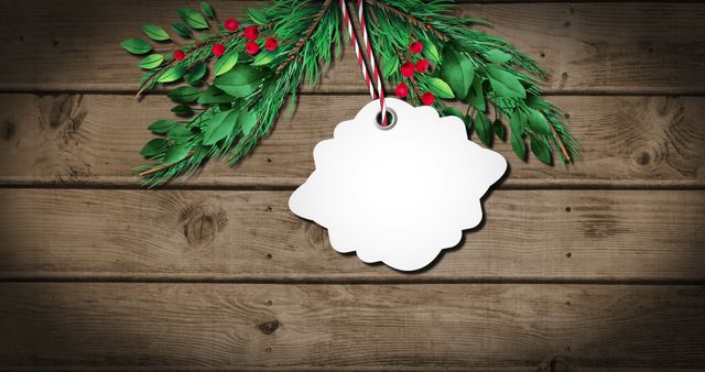 Blank Gift Tag with Festive Greenery on Rustic Wooden Background - Download Free Stock Images Pikwizard.com